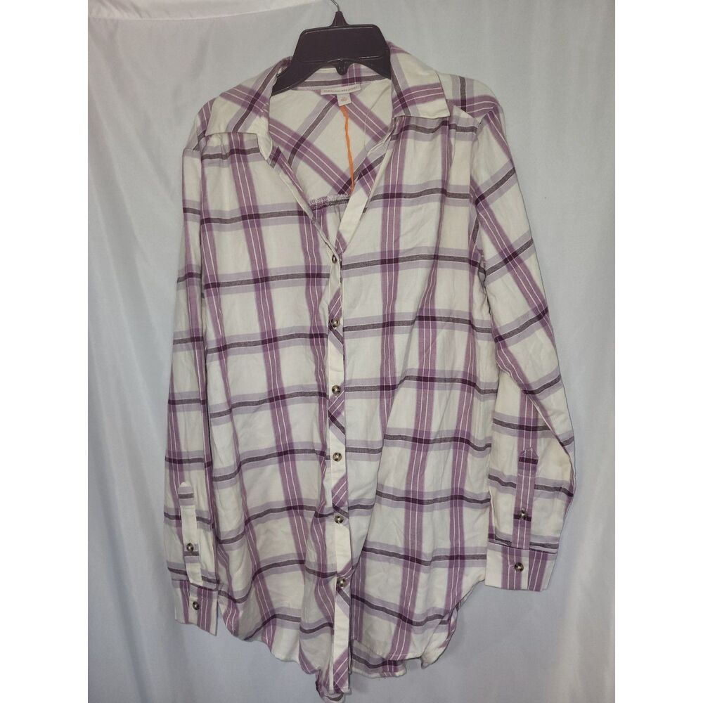 Knox Rose button front long sleeve shirt medium purple and white plaid